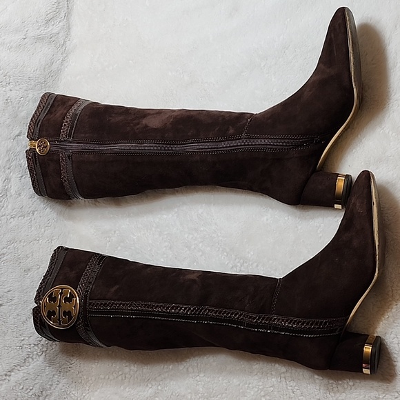 Tory Burch Uma Brown Genuine Suede Knee High Full Zip Trim Riding Boots Sz 7 - Picture 4 of 16